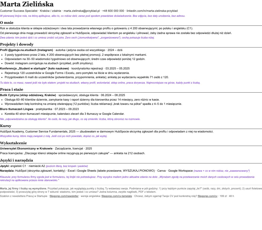Wypełnione CV — przykład