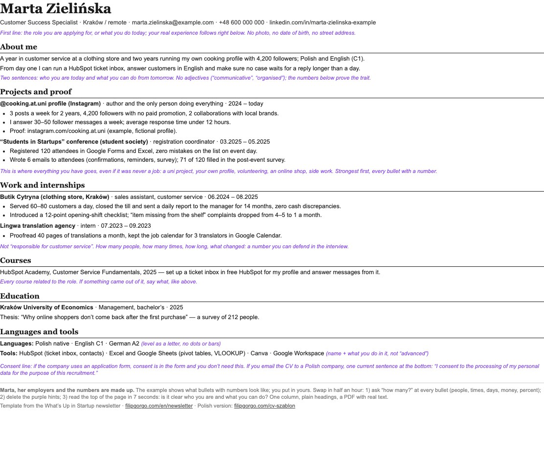 Preview: first page of Marta Zielińska’s filled-in CV with purple hints