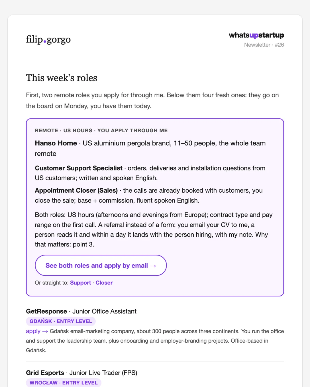 What's Up Startup — last Friday email
